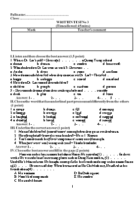 Đề kiểm tra một tiết lần 3 Tiếng anh lớp 7